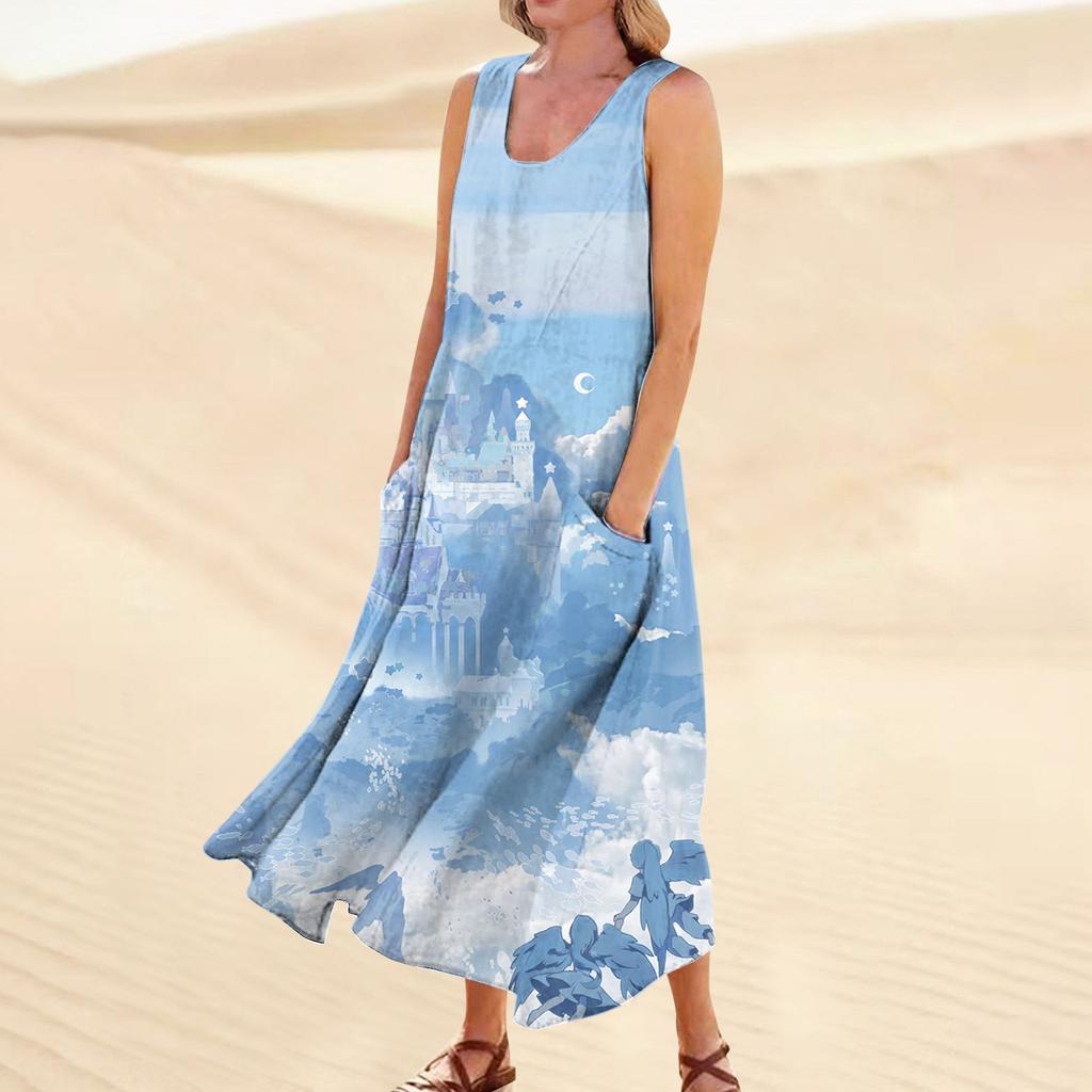 Women's Casual Comfortable Floral Print Sleeveless Cotton Pocket Dress