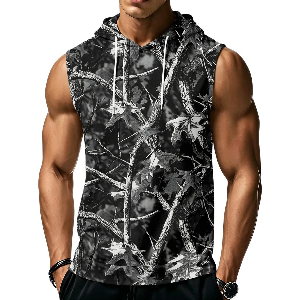 Men's Print Sleeveless Hoodie with Pockets and Drawstring - Casual Tank Top Vest for Outdoor Sports