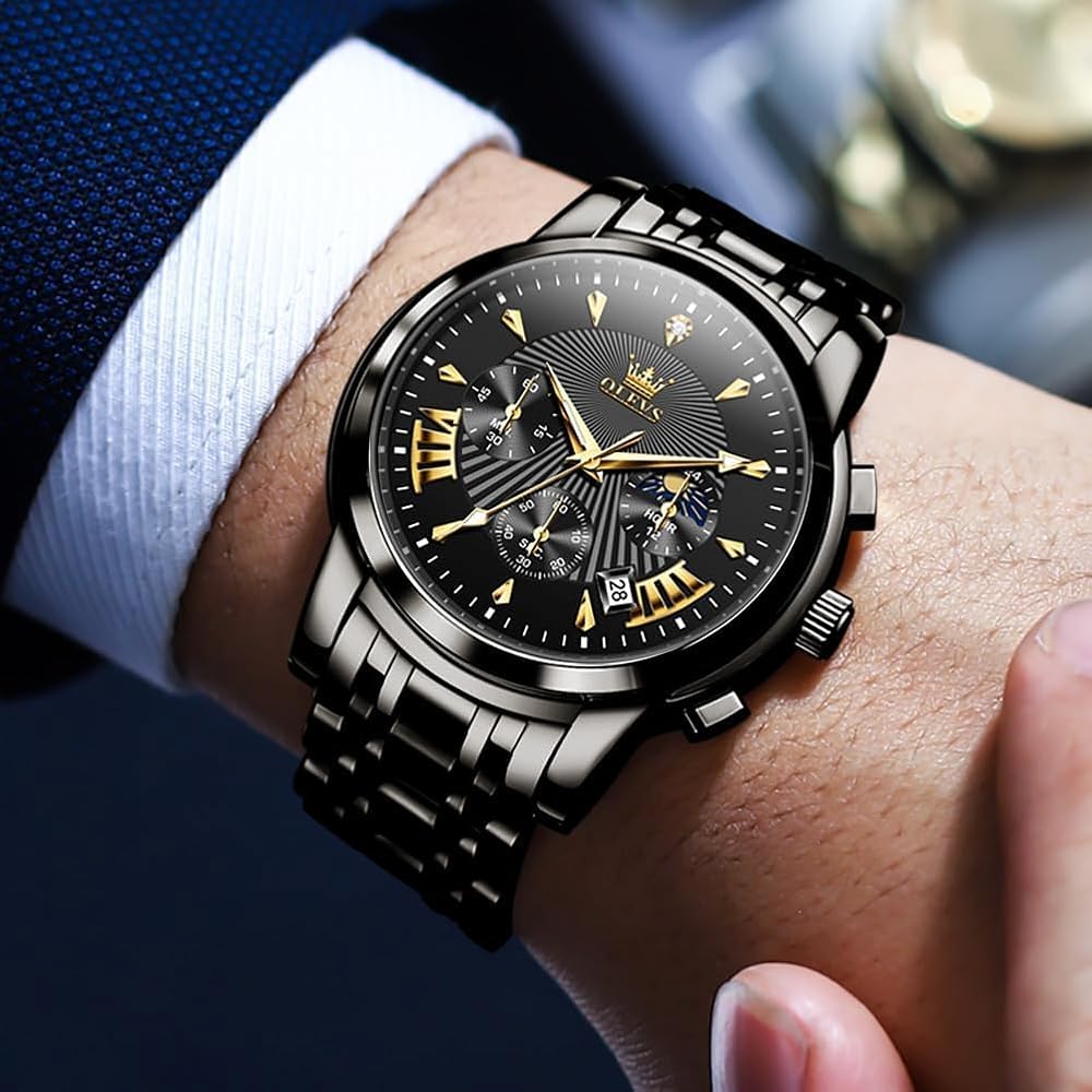 OLEVS Men's Chronograph Watch Black Analog Waterproof Quartz Business Style Large Display