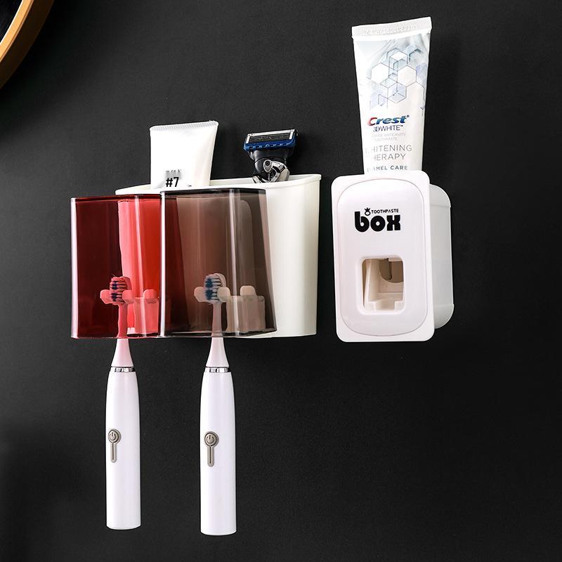 Wall-Mounted Multi-Toothbrush Holder with Punch-Free Base and Toothpaste Storage