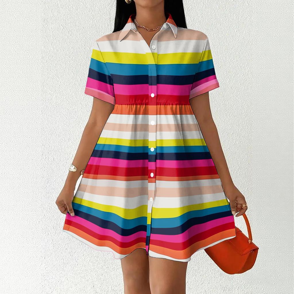 Women Loose Fit Casual Shirt Dress with Button Front and Stand Collar Short Sleeve Striped Design for Everyday Wear