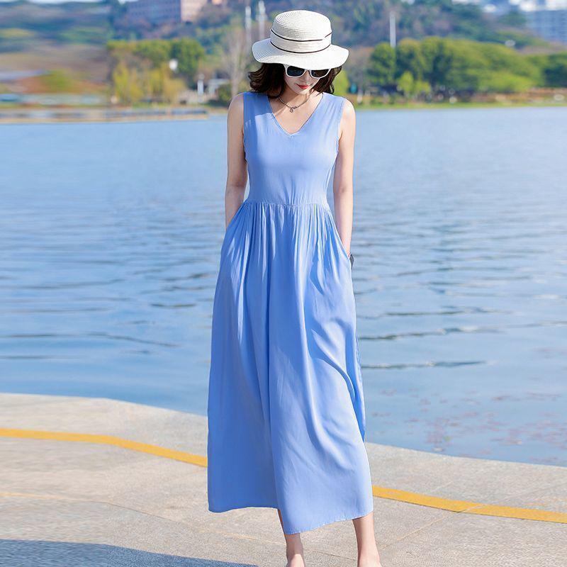 New Women's Summer Sleeveless French Silk-Cotton Beach Dress