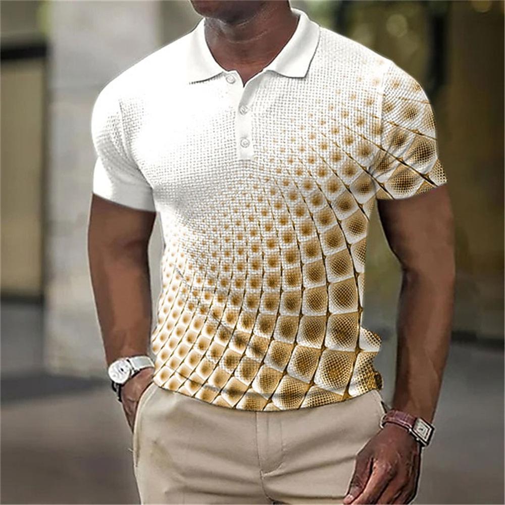 Men's 3D Plaid Print Casual Loose Short Sleeve Polo Shirt