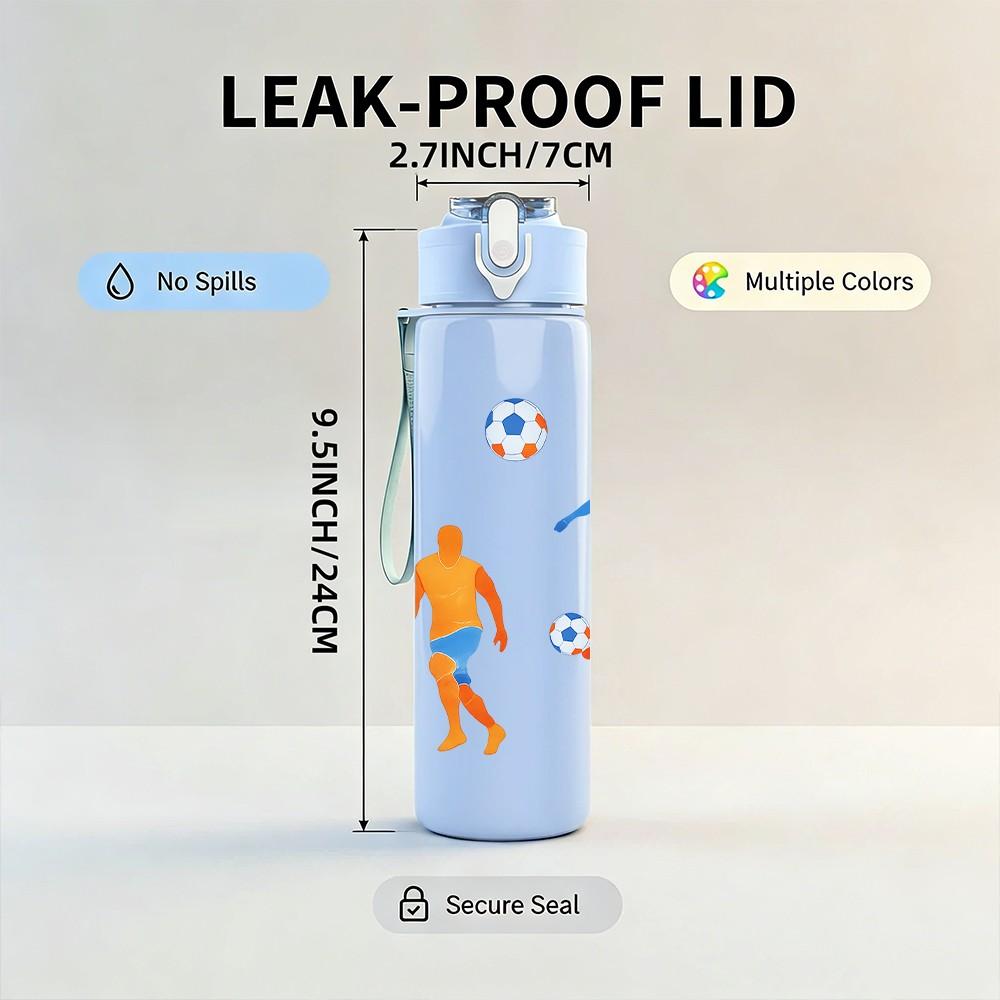 1 Stück Fußballspieler-Gruppen-Silhouette 750ml Farbe Kunststoff Sport-Wasserflasche Auslaufsicher Klappdeckel mit Strohhalm Geeignet für Sport, Büro, Heimgebrauch