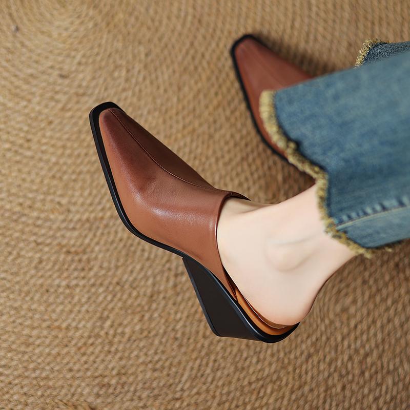 Fashion 2025 New Summer Women Mules Genuine Leather Women Shoes Pointed Toe Wedges Shoes High Heel Women Sandals Metal Modern Slippers