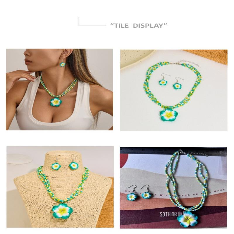 Polymer Clay Flowerwomen Jewelry Set Cute  Seaside Beach Colorful Flower Earrings Girls Sweet Beaded Chain Necklace Girl
