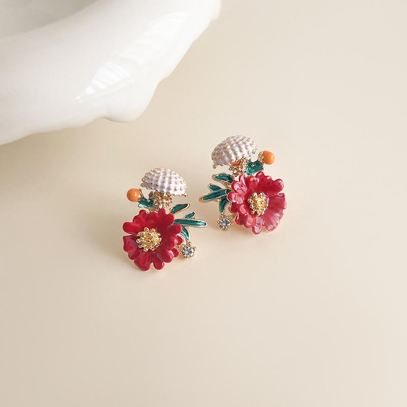 Dripping Enamel Flower Series Real 925 Silver Gold Plant Stud Earrings For Women Small Niche Accessories