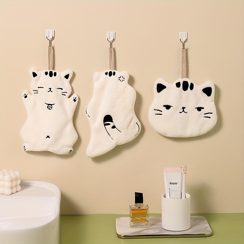 2pcs Cute Cat Hand Towels - Soft, Quick-Dry, Hanging Design with Loop, Adorable Cartoon Cat Face, Perfect for Bathroom, Kitchen, or Outdoor Use