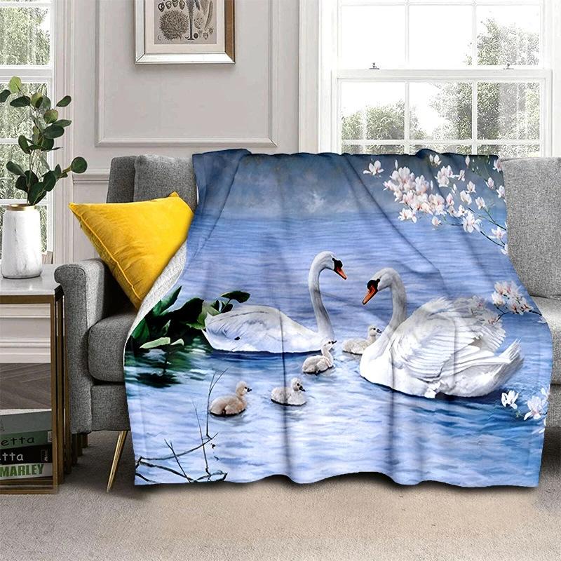 Romantic Swan Themed Blanket Couple Soft Flannel Blanket Holiday Gifts Air Travel Blanket