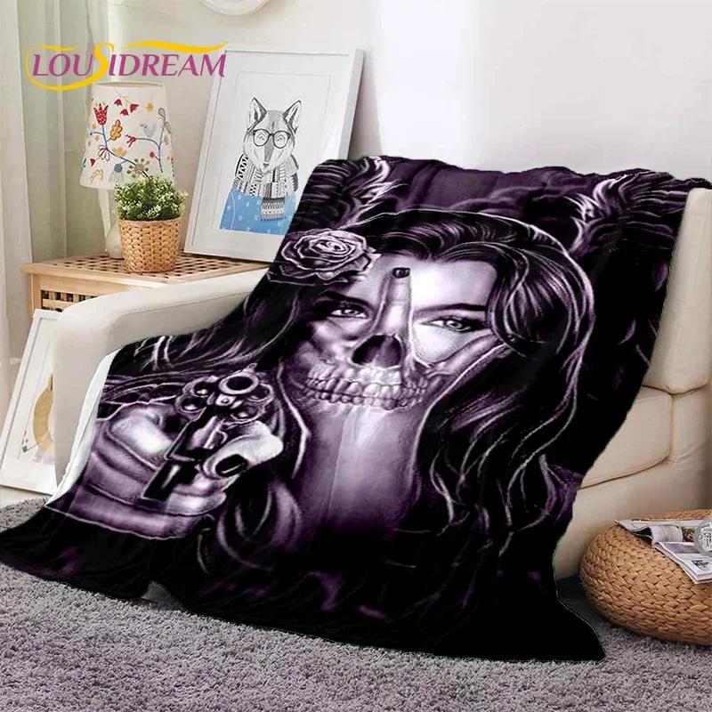 Totenkopf Totes Mädchen 3D Gothic Horror Weiblich Rose Weiche Flanelldecke für Betten Schlafzimmer Sofa Picknick, Überwurfdecke zum Zudecken Freizeit