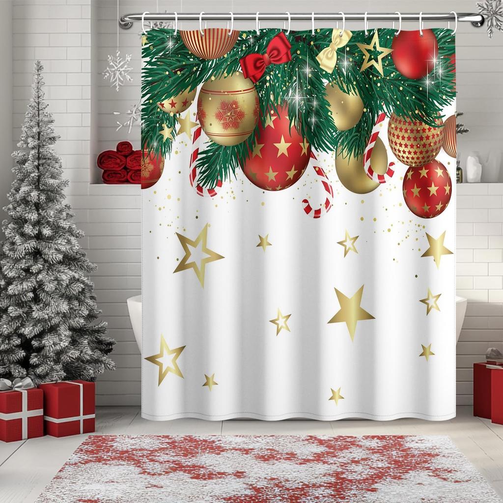 Christmas Shower Curtain Xmas Balls Shower Curtains For Bathroom Decorations Pine Trees Stars Bathroom Curtain Christmas Holiday