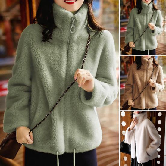 Women's Fuzzy Fleece Jacket Long Sleeve Stand Collar Full Zip Up Sherpa Coat Fall Winter Warm Jacket with Pockets