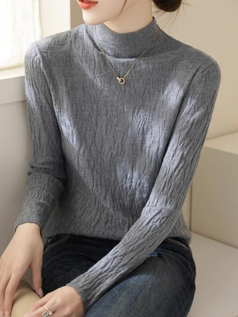 Women's High-Quality Textured Winter Sweater with Half-High Collar and Long Sleeves