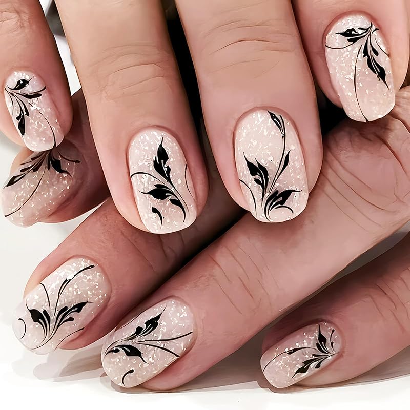 Maple Leaf Press on Nails Fall Leaves Stick on Fingernails Thanksgiving Short Square False Nails 24Pcs Glossy Silver Glitter Acrylic Fake Nail Autumn