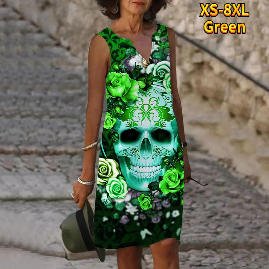 Women V Neck Summer Blue Skull Head Print Dress Casual Sleeveless Fashion Casual Loose Sexy Dresses Plus Size XS-8XL