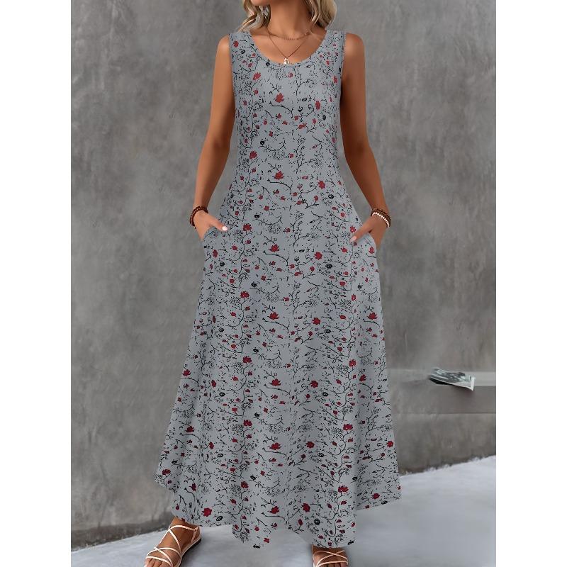 JKASHDK Women's Fashion Summer Spring Flower Pattern Print Sleeveless O-Neck Loose Waistline Casual Dresses