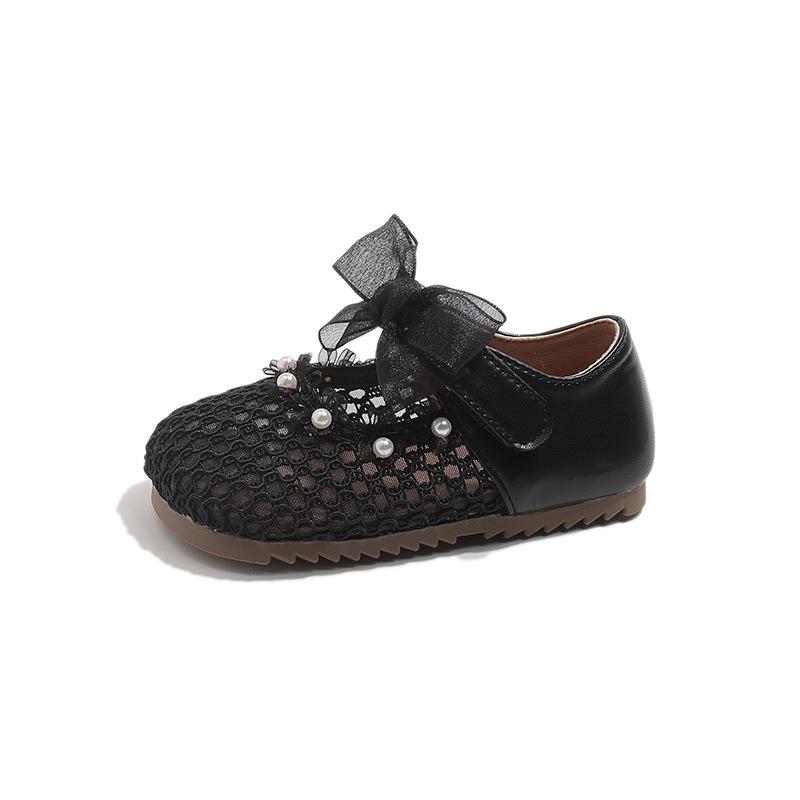 Sheer bow girls' princess shoes, lightweight and comfortable woven hollow-out small leather shoes, spring-summer casual single shoes