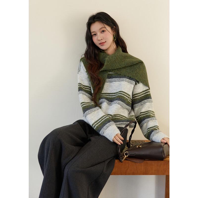 Women's Retro Striped Wool Blend Knit Shawl Two-Piece Sweater Set
