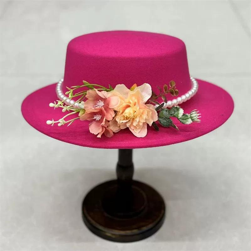 Dark Brown Faux Floral Felt Hat Wedding Hat Women'S Jazz Hat Panama French Elegant Felt Hat Somprero Mujer Chapeau Femme Luxe