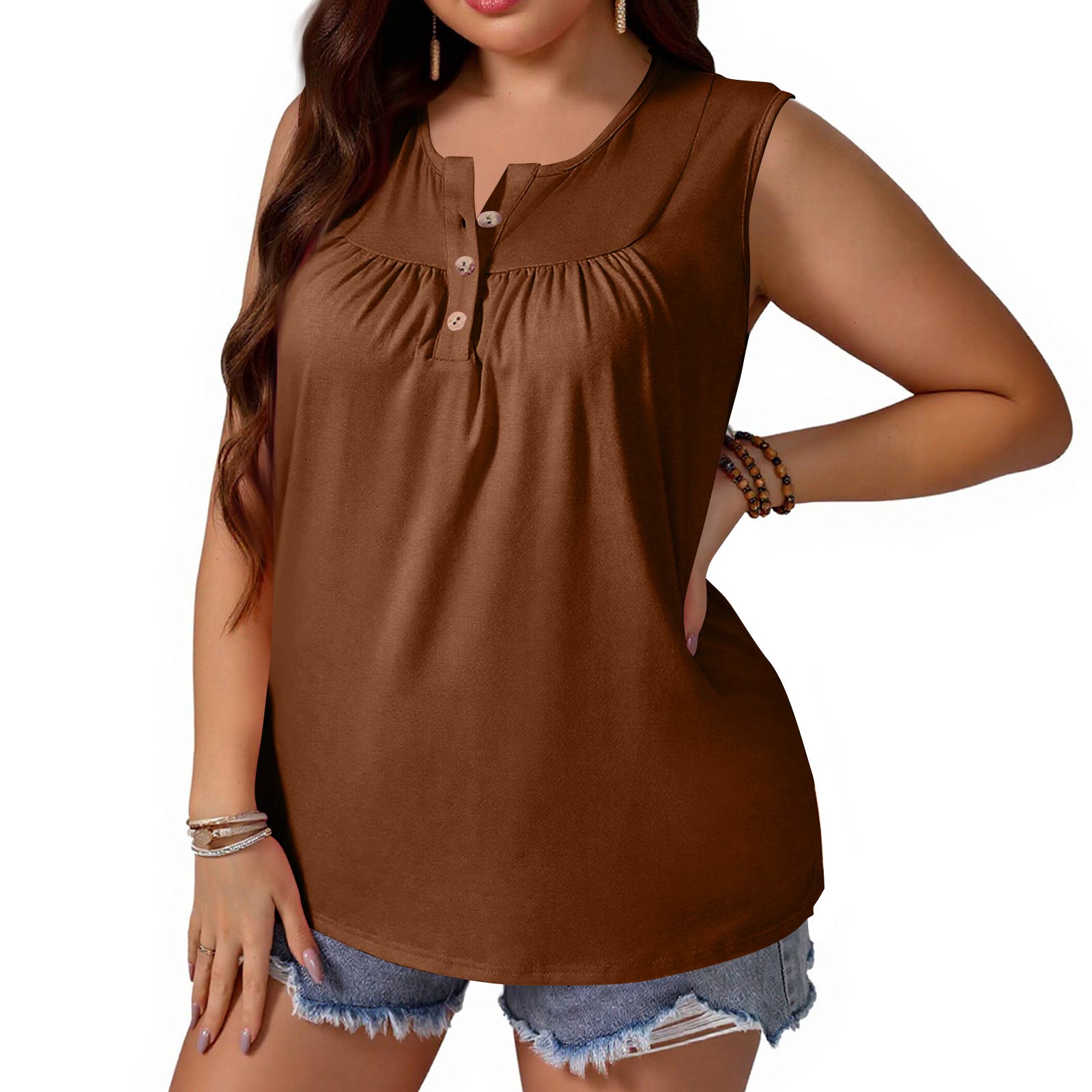 Women s Plus-Size Fashionable Sleeveless Tank Top With Bow Tie And Buttons XXXXL коричневый