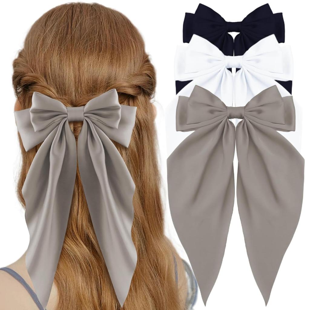 3Pcs Large Elegant Ribbon Bow Hair Clip for Women Simple Solid Color Satin Ponytail Bowknot Hairpins Barrettes Hair Accessories