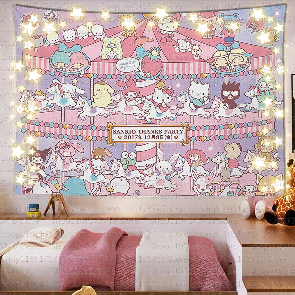 Sanrio Cartoon Theme Printed Tapestry Cute Cartoon Style Fantasy Background Home Decoration Girls Heart Printed Tapestry