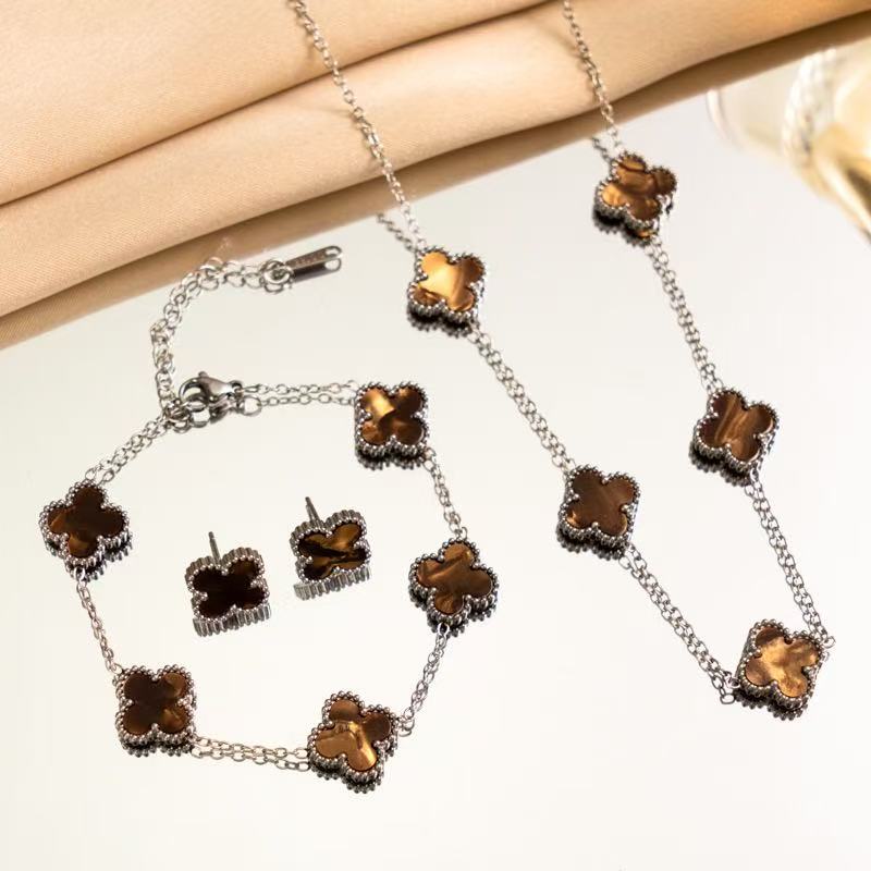 3PCS Titanium Steel Double-sided Clover Necklace Bracelet Earring Set