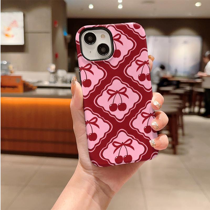 Cute Y2K Sweet Coquette Geometric Red Pink Cherry Bow Pattern Film Art Aesthetic Protective Shockproof Bumper Case For iPhone 14 15 16 Pro Max Plus
