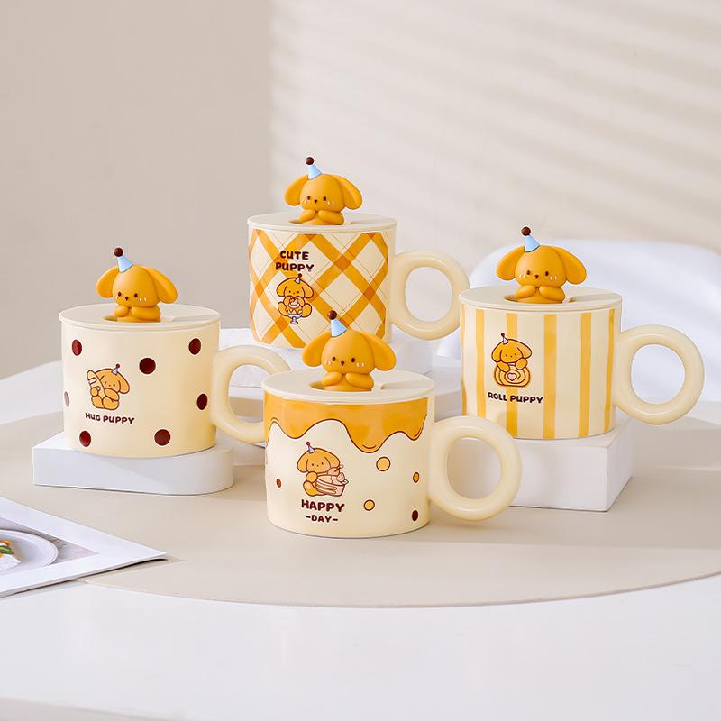 Cartoon Cute Cup for Girls Ceramic Mug Couple Water Cup for Home Office Breakfast Cup with Lid Spoon