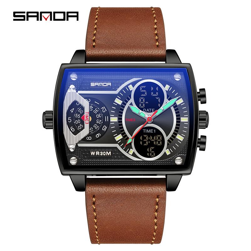 Sanda Fashionable Men's Square Multifunctional Waterproof Sports Quartz Watch