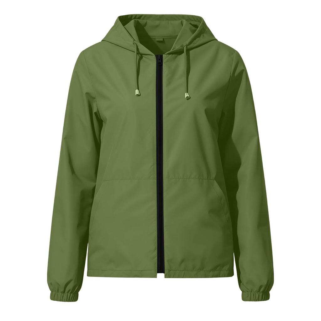Women's Waterproof Windproof Hooded Jacket Lightweight Packable Outdoor Raincoat with Zipper Pockets and Adjustable Drawstring Hood