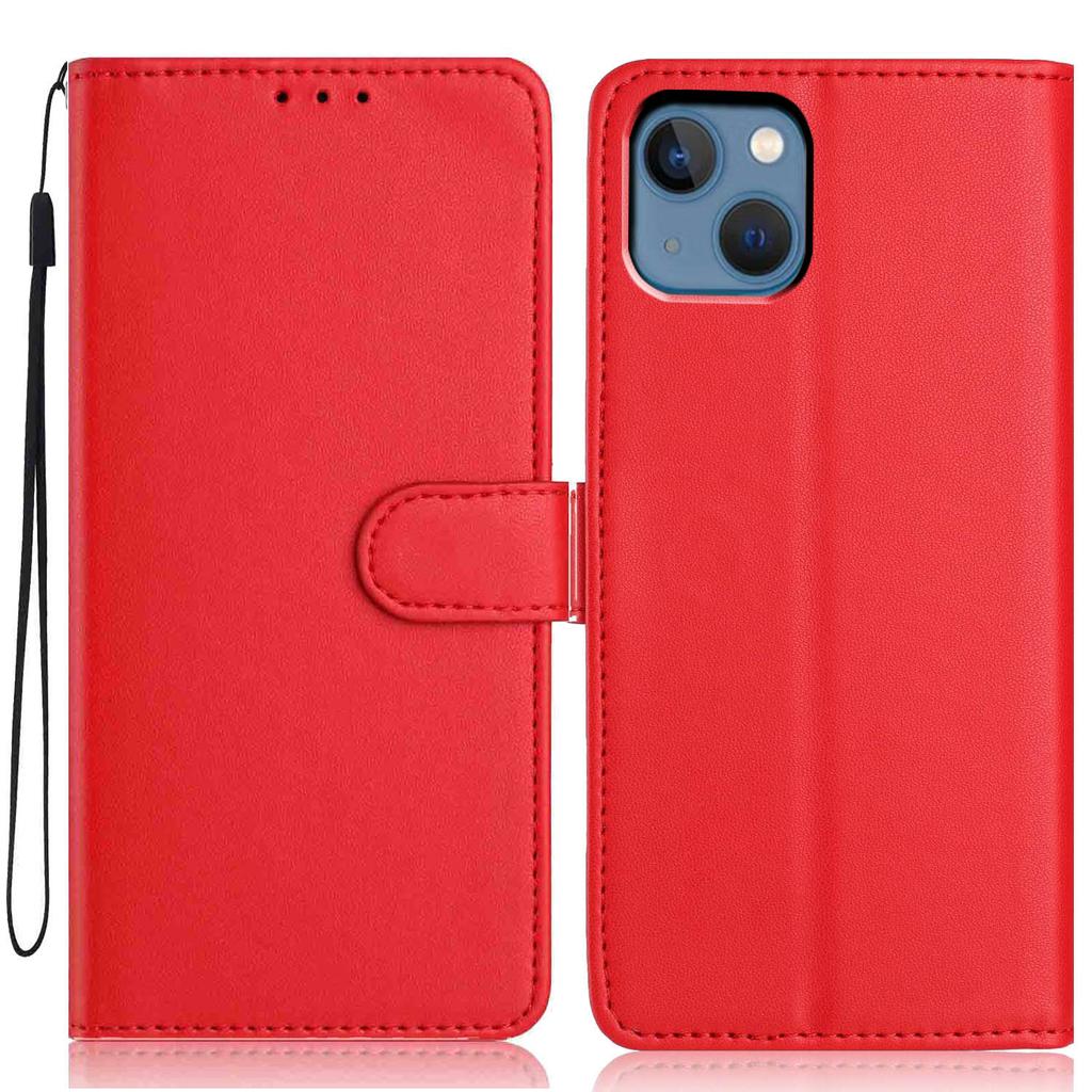 For iPhone 14/13 Wallet Case with Strap/Multiple Card Slots Solid Color Leather Stand Phone Cover