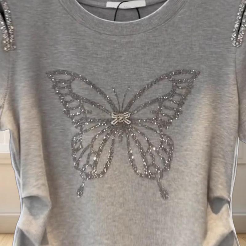 Summer Round Neck Butterfly Diamond Short-sleeved T-shirt Women's Fashion Top Women