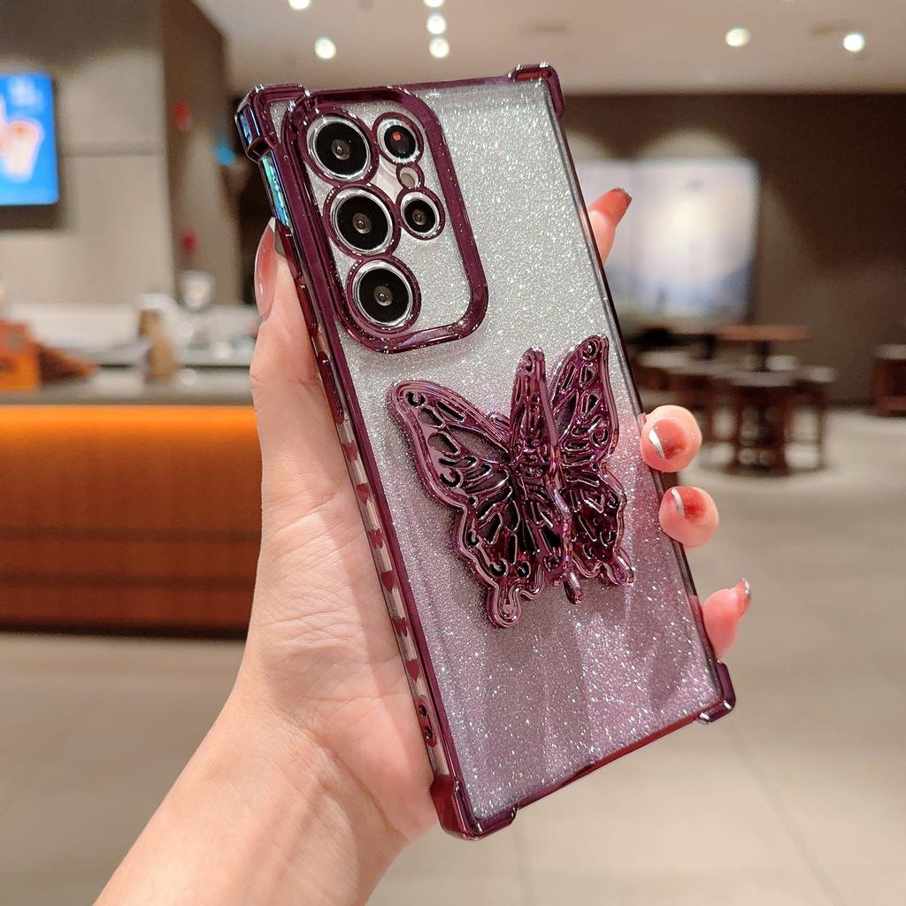 Applicable to Samsung S24Ultra mobile phone case electroplating anti-drop space case gradual change glitter paper butterfly bracket protective case