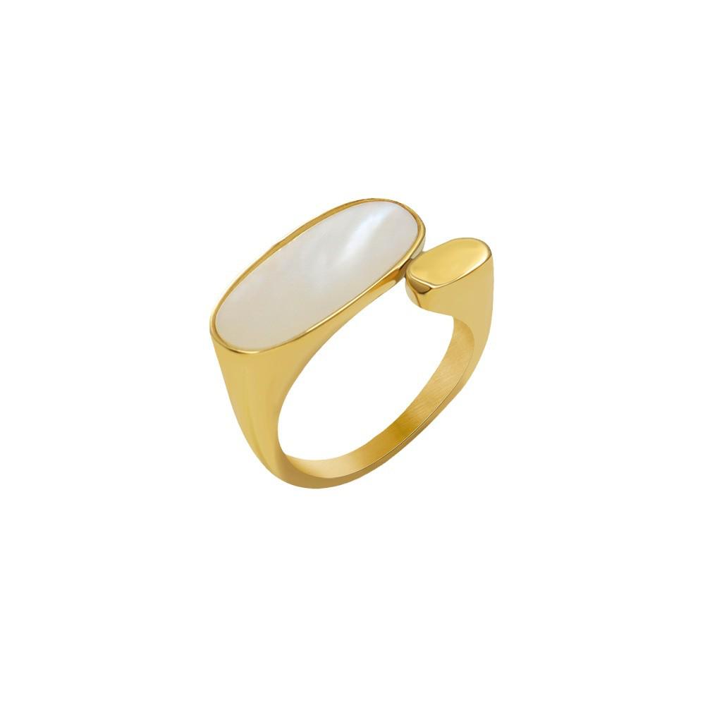 European & American Style 18K Gold-Plated Titanium Steel White Seashell Oval Women's Ring