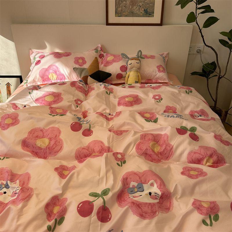 Candy House Cute Girl Heart Washed Cotton Four-piece Dormitory Single Quilt Set Three-piece Sheet Set