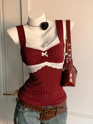 Women's Y2K Lace Trim Camisole with Bow and Slim Fit