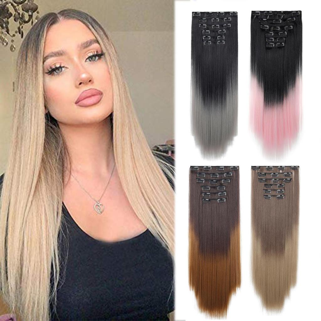 Ensemble de 6 Pièces Postiche Clip In Extensions de Cheveux 24 pouces Long Cheveux Raides Tête Complète Couleur Dégradée Ombrée Aspect Naturel Usage Quotidien