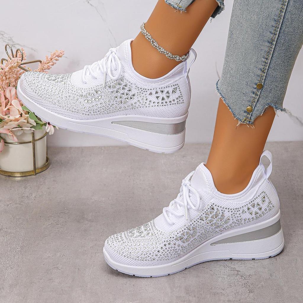 Damen Glitzernde Strass Dicke Sohle Sneaker - Atmungsaktives Strickgewebe, Rutschfeste Mode-Sneaker mit Schnürverschluss, Lässige Bequeme Schuhe