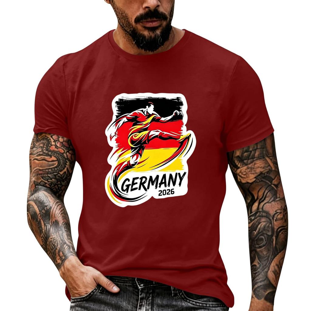 Short Sleeve Casual T Shirt with Graphic Print Soccer Player Illustration and Text Germany 2026 Soft Comfortable Fit for Everyday Wear