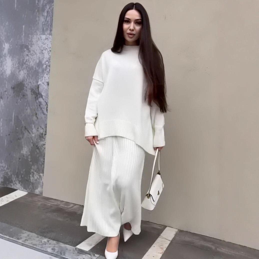 

2025 Autumn Women s Knit Sweater & Casual Pants Two-Piece Set with Irregular Hem L