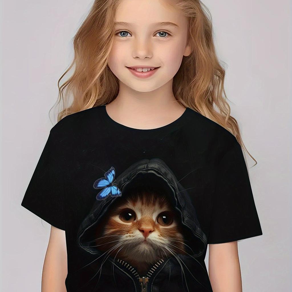 Sommer Rundhals 3D Cartoon Aufdruck Oberteil Modisch Lässig Kurzarm Kinder Mädchen T-Shirts