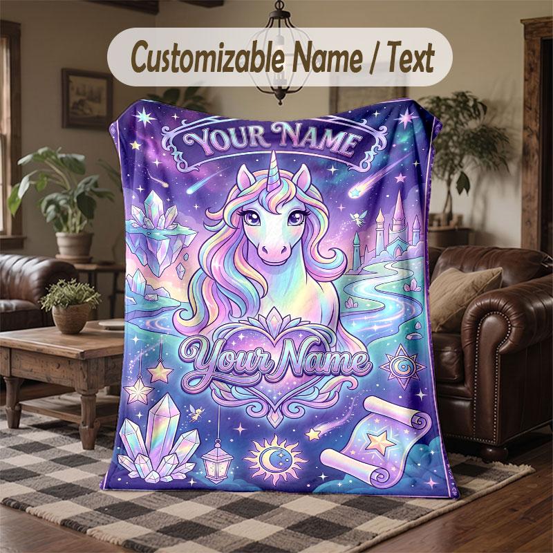 Unicorn Theme Throw Blanket Custom Name Text Personalized Blanket Soft Cozy Blanket for Home Sofa Bed