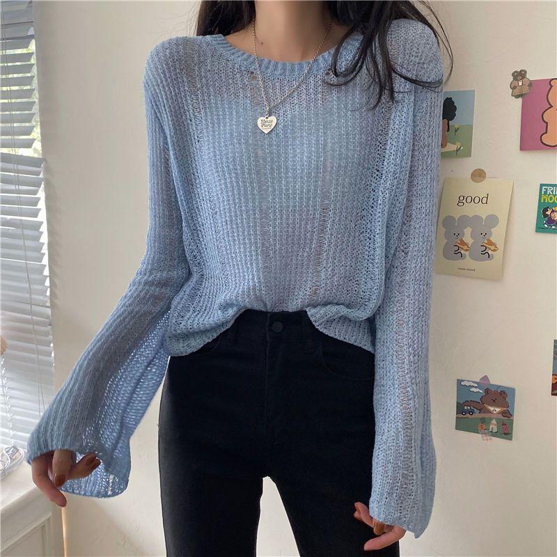 

Women s Spring Ice Silk Hollow-out Knit Cover-up Lazy Loose Outer-wear Thin Pullover Long-sleeve Sweater One size синій