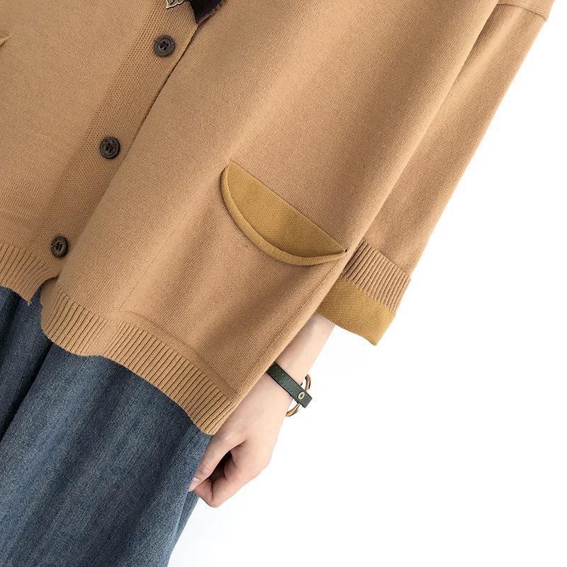 Loose, Large-sized, Artistic and Retro Core-spun Knitted Cardigan Sweater for Women, Long-sleeved V-neck Solid Color Coat