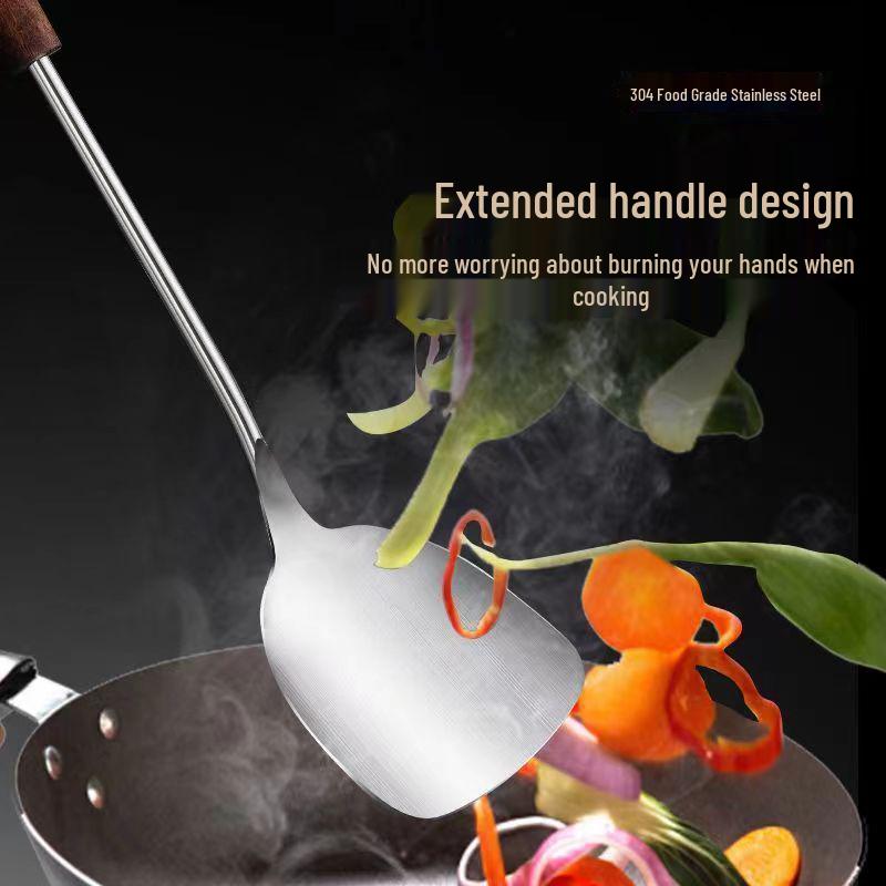 Old Wood & Stainless Steel Kitchen Utensil Set: Spatula, Soup Ladle, Slotted Spoon, Frying Pan Iron Spatula with Wooden Handles.