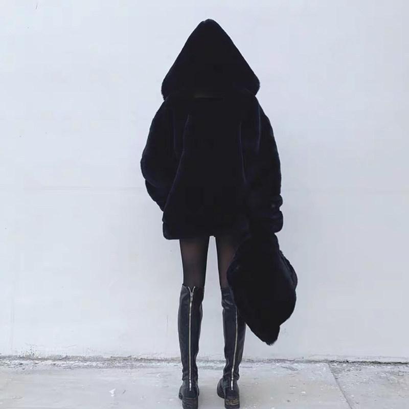Furry jacket women's imitation fur loose light winter hoodie imitation Rex rabbit hair medium and long plush coat