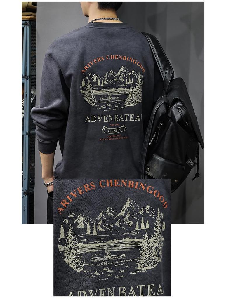 Men's Oversized Retro Mountain Print Hoodie - Autumn/Winter Round Neck Long Sleeve T-shirt