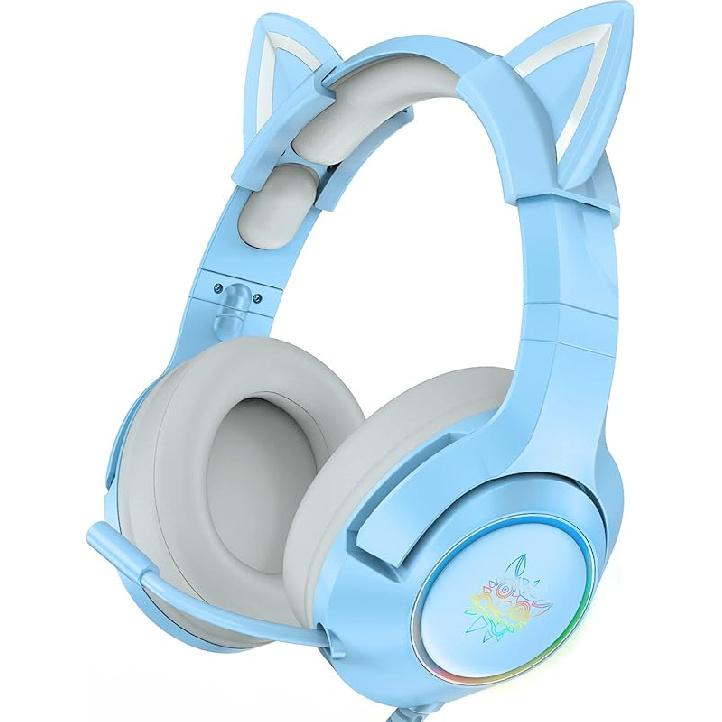 Blue Gaming Headset with Removable Cat Ears, Compatible with PC PS4 PS5 Xbox One(Adapter Not Included) Mobile Phones, with Surround Sound, RGB