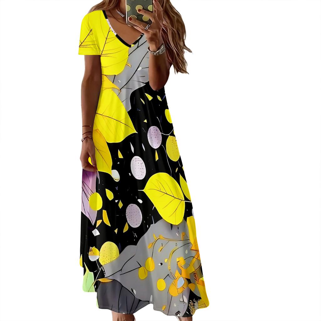 Summer Women's Short Sleeved V-neck Long Dress, 3D Fashionable Printed Pattern Dress, Casual Vacation Style.